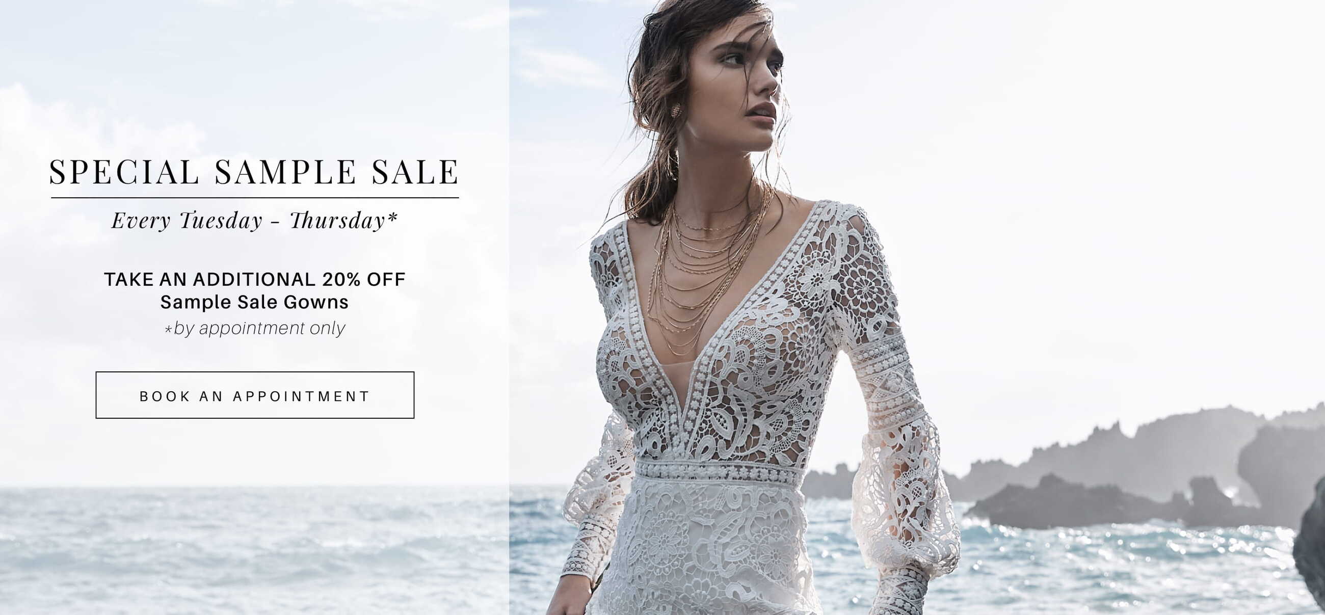 Sample Sale at Renee Austin Wedding. Find your dream dress for less. Desktop image.